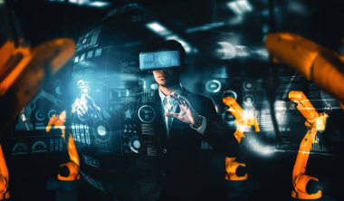 Dijital sanayi ve fabrika robotu teknolojisi için XAI Gelişmiş Robot Kol Sistemi. İnternet ağına bağlı IOT yazılımı kullanarak endüstri mühendisliği tarafından kontrol edilen otomasyon üretim robotu.