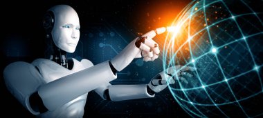 XAI 3d illüstrasyon yapay zeka yöntemini kullanarak sanal ekrana dokunan yapay robot yapay zeka ile küresel iletişim ağı kavramını gösteriyor. 3B illüstrasyon