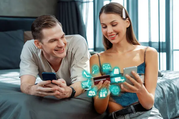 Elegant Female Male Customer Credit Card Control Mobile Phone Choosing — Stock Photo, Image