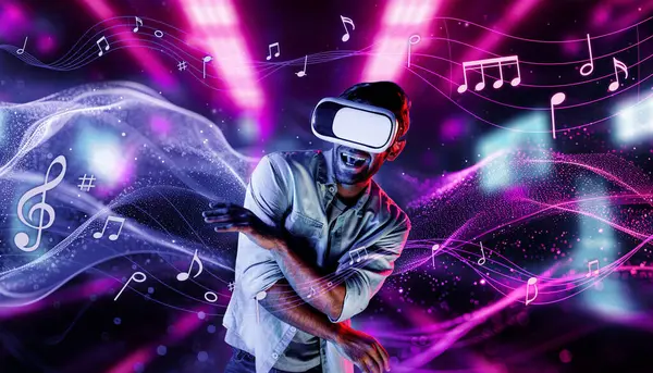 Hombre Caucásico Moviéndose Música Mientras Usa Gafas Realidad Virtual Persona — Foto de Stock
