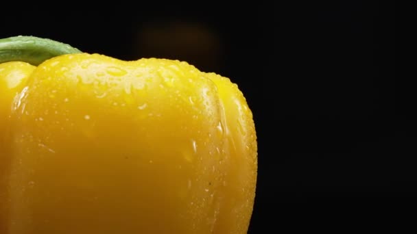 Makrografia Żywa Esencja Żółtej Papryki Eleganckim Czarnym Tle Zajmuje Centralną — Wideo stockowe