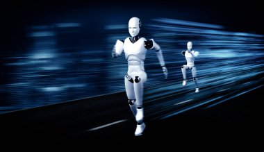XAI 3D illüstrasyon. Hızlı hareket eden robot insanımsı robot, yapay zeka ve yapay zeka geliştirme kavramının gelecekte geliştirilmesi için gerekli enerjiyi makine öğrenmesiyle gösteriyor.