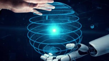 MLP Fütürist Robot Yapay Zeka, yapay zeka, yapay zeka, teknoloji geliştirme ve makine öğrenme kavramlarını aydınlatıyor. İnsan hayatının geleceği için küresel robot biyonik bilim araştırması. 3B görüntüleme grafiği.