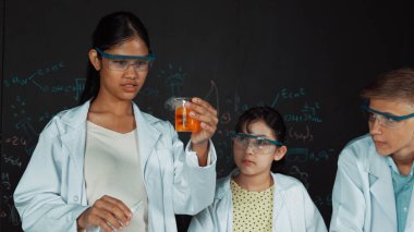 Zeki kız deney yapmak için heyecanlanan çeşitli öğrenciler iken beher kabına renkli solüsyon döker. Profesyonel bilim adamı kimyasal teoriyle kara tahtada deney yapmaya hazırlanıyor. Öğretim.