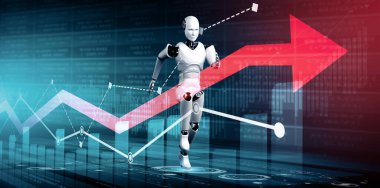 XAI 3D illüstrasyon İş Büyüme Konsepti, yapay zeka robotu ve makine öğrenme teknolojisini kullanarak verileri analiz ederek ve gelecekteki iş yatırımları planlaması hakkında tavsiyelerde bulunarak. 3B resimleme.