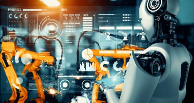 XAI Mekanize Endüstri Robotu ve robot silahları fabrika üretiminde kullanılacak. Sanayi devrimi ve otomasyon üretim süreci için yapay zeka kavramı.