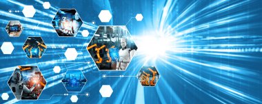 Otomatik yapay zeka endüstrisi robotu ve fabrika üretiminde robot silah montajı. Sanayi devrimi ve otomasyon üretim süreci NLP için yapay zeka kavramı