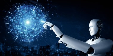 XAI 3d illüstrasyon yapay zeka yöntemini kullanarak sanal ekrana dokunan yapay robot yapay zeka ile küresel iletişim ağı kavramını gösteriyor. 3B illüstrasyon