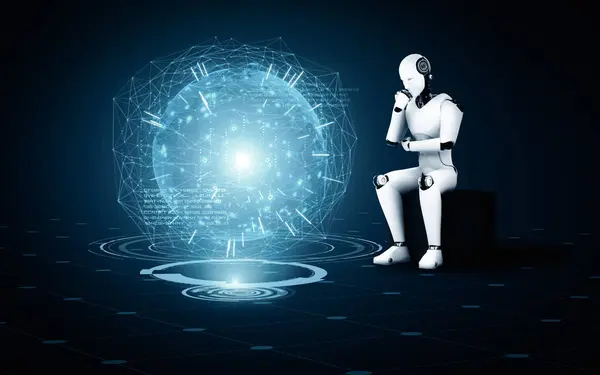 Ilustracja Xai Thinking Humanoid Robot Analyzing Hologram Screen Shows Concept — Zdjęcie stockowe