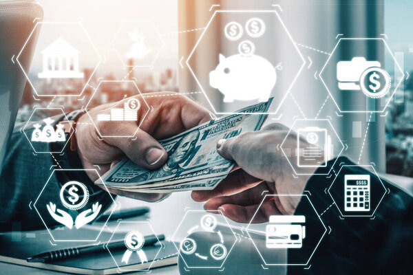 Концепция технологии финансов и денежных переводов. Графический интерфейс иконки, показывающий торговую биржу финтех, анализ статистики прибыли и услуги аналитика рынка в современном компьютерном приложении. uds