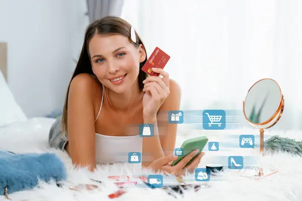 Elegant Customer Wearing White Tank Top Holding Credit Card Typing — Stock Photo, Image