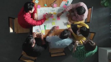 İnsanların renkli yapışkan notlarda pazarlama ve planlama stratejisi yazarken ve kargaşa yaratırken zaman aşımı görev tahtası oluşturmaları. Akıllı takım Kanaban tahtasını kullanarak iş performansını yönetir. Cemaat.