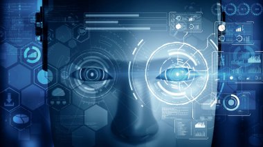 XAI 3D illüstrasyon robot robot hominoidi, 4. endüstriyel sanayi için yapay zeka, yapay zeka ve makine öğrenme süreçlerinin büyük veri analizi grafiksel konseptiyle yakından ilgilenir.