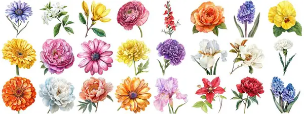 Acquerello Fiore Impostato Sfondo Isolato Varie Collezione Floreale Della Natura — Foto Stock