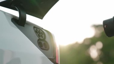 Otomobil yolculuğu sırasında doğal ormanlarda ya da güneş ışığı alan ulusal parklarda elektrikli araba için şarj olan yakın el pili. Tatil ve tatil boyunca çevre dostu seyahat. Yükselt
