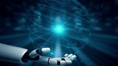 MLP Fütürist Robot Yapay Zeka, yapay zeka, yapay zeka, teknoloji geliştirme ve makine öğrenme kavramlarını aydınlatıyor. İnsan hayatının geleceği için küresel robot biyonik bilim araştırması. 3B görüntüleme grafiği.