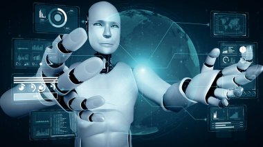 XAI 3d illüstrasyon yapay zeka kullanarak makine öğrenme sürecinde büyük veri analizi kavramını gösteren sanal hologram ekranı tutan yapay yapay yapay robot. 3B görüntüleme.