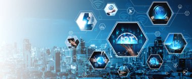 İletişim teknolojisi, akıllı bağlantı IOT ve insan ağ teknolojisi kavramı. Güvenli internet ağına ve bulut hesaplama sunucusuna bağlanmak için bağlantı aygıtı kullanan insanlar vexel