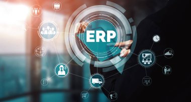 Ticari kaynaklar için Enterprise Resource Management ERP yazılım sistemi modern grafik arayüzünde sunulmuştur. Şirket kaynaklarını yönetmek için geleceğin teknolojisini göstermektedir. uds