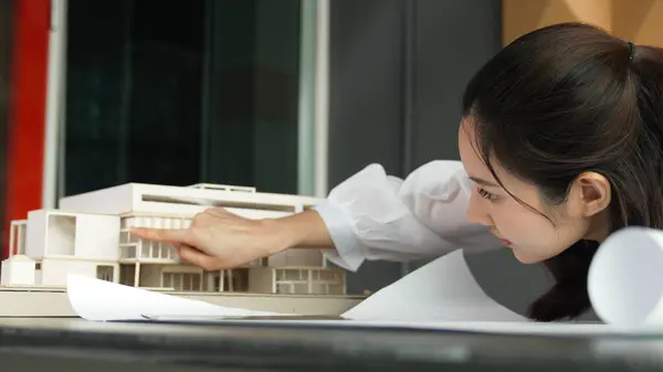 Closeup Asian Young Beautiful Architect Engineer Looking Project Plan Model — Stock Photo, Image