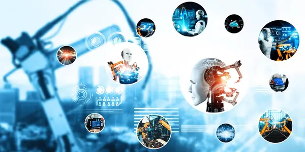 自动化人工智能工业机器人和机器人武器组装在工厂生产中 工业革命和自动化制造过程中的人工智能概念 — 图库照片