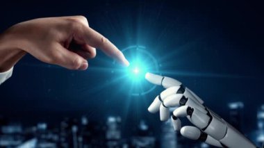 MLP Fütürist Robot Yapay Zeka, yapay zeka, yapay zeka, teknoloji geliştirme ve makine öğrenme kavramlarını aydınlatıyor. İnsan hayatının geleceği için küresel robotik RPA bilim araştırması. 3B görüntüleme grafiği.