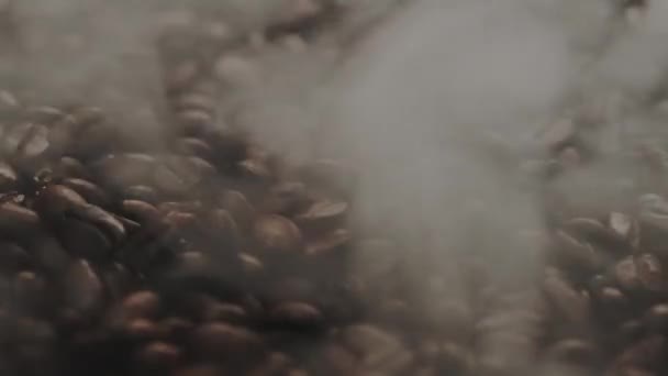 Közelről Friss Barna Kávébabot Pörkölt Füsttel Egy Halom Kávébabból Forró — Stock videók