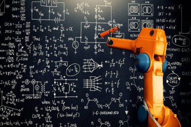 XAI Robot Kol Yapay Zeka mekanize endüstri problemi çözümü için matematiği analiz ediyor. Otomatik üretim süreci için robot teknolojisi ve makine öğrenimi kavramı.