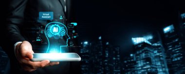 Yapay zeka sanal asistanı Chatbot ile yapay zeka konsepti ile insan etkileşimi, yapay zeka mühendisliği, LLM yapay zeka derin öğrenimi iş desteği için üretken yapay zeka kullanımı. NLP