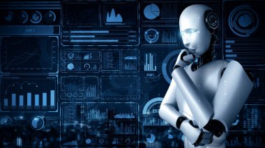 XAI 3D illüstrasyon Yapay Zeka Düşünen Hominoid robot hologram ekranını analiz ederek makine öğrenme süreciyle yapay zeka kullanarak büyük veri analitiğini gösteriyor. 3B görüntüleme.