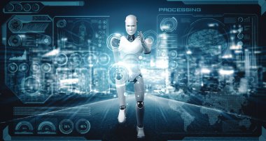 XAI 3D illüstrasyon. Hızlı hareket eden robot insanımsı robot, yapay zeka ve yapay zeka geliştirme kavramının gelecekte geliştirilmesi için gerekli enerjiyi makine öğrenmesiyle gösteriyor.