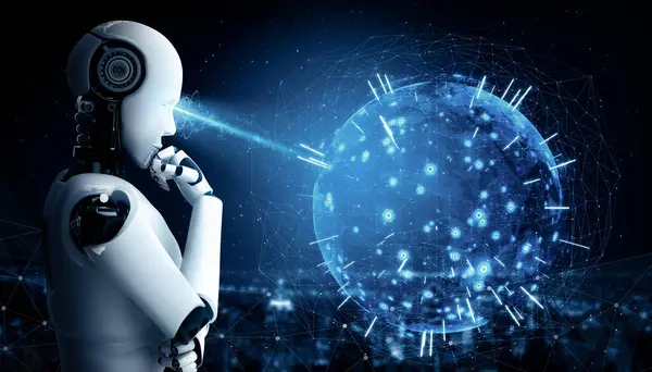 Xai Ilustrace Myslící Umělá Inteligence Humanoidní Robot Analyzující Hologram Obrazovky — Stock fotografie