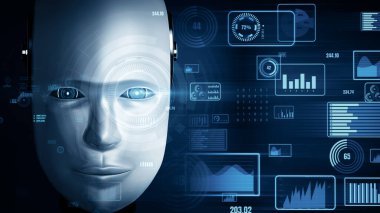 XAI 3D illüstrasyon Gelecek Finansal Teknoloji Kontrolü Yapay Robot Huminoid makine öğrenimi ve yapay zeka kullanarak iş verilerini analiz ediyor ve yatırım ve ticaret hakkında tavsiyelerde bulunuyor