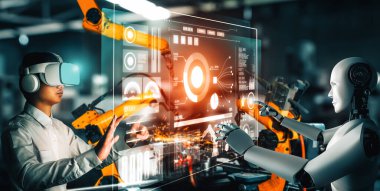 XAI Mekanize Endüstri Robotu ve insan işçileri gelecekteki fabrikada birlikte çalışıyorlar. Sanayi devrimi ve otomasyon üretim süreci için yapay zeka kavramı.