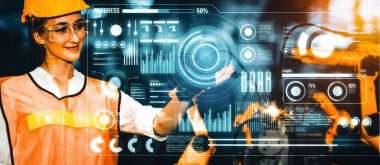 Dijital sanayi ve fabrika robotu teknolojisi için XAI Gelişmiş Robot Kol Sistemi. İnternet ağına bağlı IOT yazılımı kullanarak endüstri mühendisliği tarafından kontrol edilen otomasyon üretim robotu.