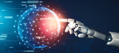 XAI 3D yorumlama fütürist robot teknolojisi geliştirme, yapay zeka yapay zekası ve makine öğrenme konsepti. İnsan hayatının geleceği için küresel robot biyonik bilim araştırması.