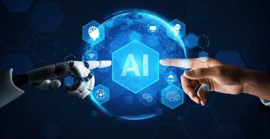 XAI 3D Renching futuristik robot teknolojisi geliştirme, yapay zeka yapay zeka ve makine öğrenme konsepti. İnsan hayatının geleceği için küresel robot biyonik bilim araştırması.