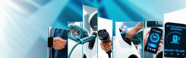 EV elektrikli araba şarj etme ve sürdürülebilir LCA yeşil enerji teknolojisi panoramik afiş fotoğraf kolajı ile sunulan gelecekte ESG için çevre dostu elektrikli araç ve hibrit araba görüntüsü