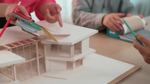 Home Designer Using Architectural Equipment Draw Blueprint While Interior Designer — Stock Video