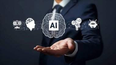 Yapay zeka mühendisliği, büyük veri ve yapay zeka makinesi kavramında yapay zeka beyin işlemcisiyle iş desteği için üretken yapay zeka kullanmayı öğrenen insan etkileşimi. Faas