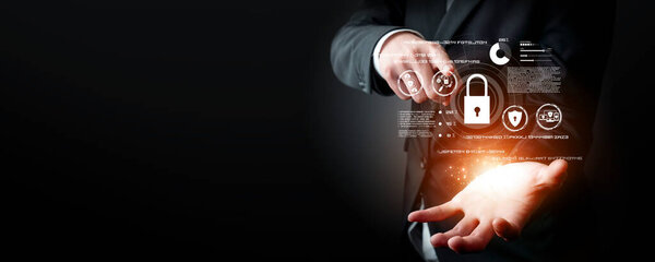 Деловой человек исследует ядро кибербезопасности. Окунитесь в методы кибер-защиты, угрозы и укрепите позицию кибер-безопасности. Essential для борьбы с кибербезопасностью FaaS