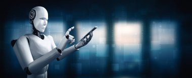 XAI 3D illüstrasyon robotu insansı cep telefonu ya da tablet kullanırken yapay zeka ve makine öğrenme sürecini kullanacak. 4. Sanayi Devrimi 3 boyutlu