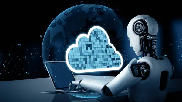 Xai Illustration Roboter Huminoid Nutzt Cloud Computing Technologie Daten Auf — Stockfoto