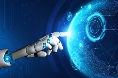 XAI 3D Renching futuristik robot teknolojisi geliştirme, yapay zeka yapay zeka ve makine öğrenme konsepti. İnsan hayatının geleceği için küresel robot biyonik bilim araştırması.