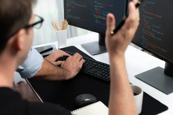 Developers Creating Online Software Development Information Screen Laptop Coding Program — Stock Photo, Image