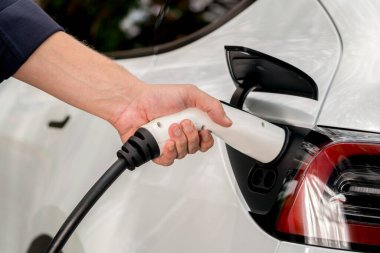 Sonbahar gezisi sırasında sonbahar ormanı arabasında elektrikli araba için şarj eden bir adam. Sonbahar tatilinde elektrikli araçla çevre dostu bir seyahat. Yükselt