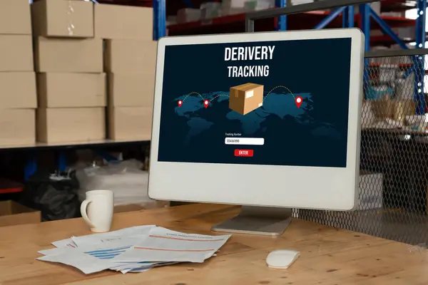 stock image Delivery tracking system for e-commerce and modish online business to timely goods transportation and delivery