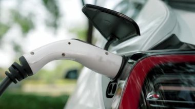 EV elektrikli araç EV şarj istasyonu ulusal park veya açık hava orman manzaralı. Çevre dostu EV arabalarla yaz ormanlarında doğal koruma. Yükselt