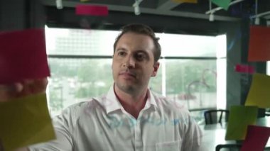 Profesyonel erkek lider yapışkan notlar üzerine pazarlama fikri yazıyor. Kafkasyalı işadamı cam duvarda renkli yapışkan notlar kullanırken pazarlama kampanyasını düşünüyor. - Yakın çekim. Yönlendirici.