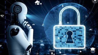 XAI 3d illüstrasyon yapay zeka robot robotu internet sunucusunda veri depolamak için bulut hesaplama teknolojisi kullanır. Makine öğrenme süreciyle analiz edilen gelecekteki bulut bilgi depolama kavramı. 3B görüntüleme